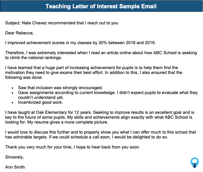 Teaching Letter of Interest Sample