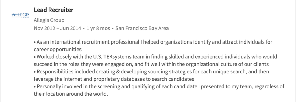 LinkedIn experience section example