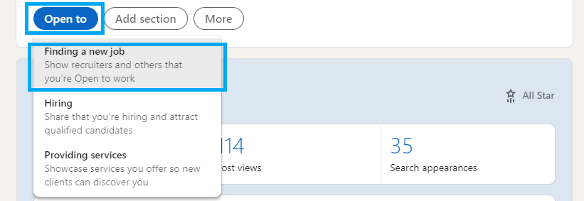 “open to work” on LinkedIn