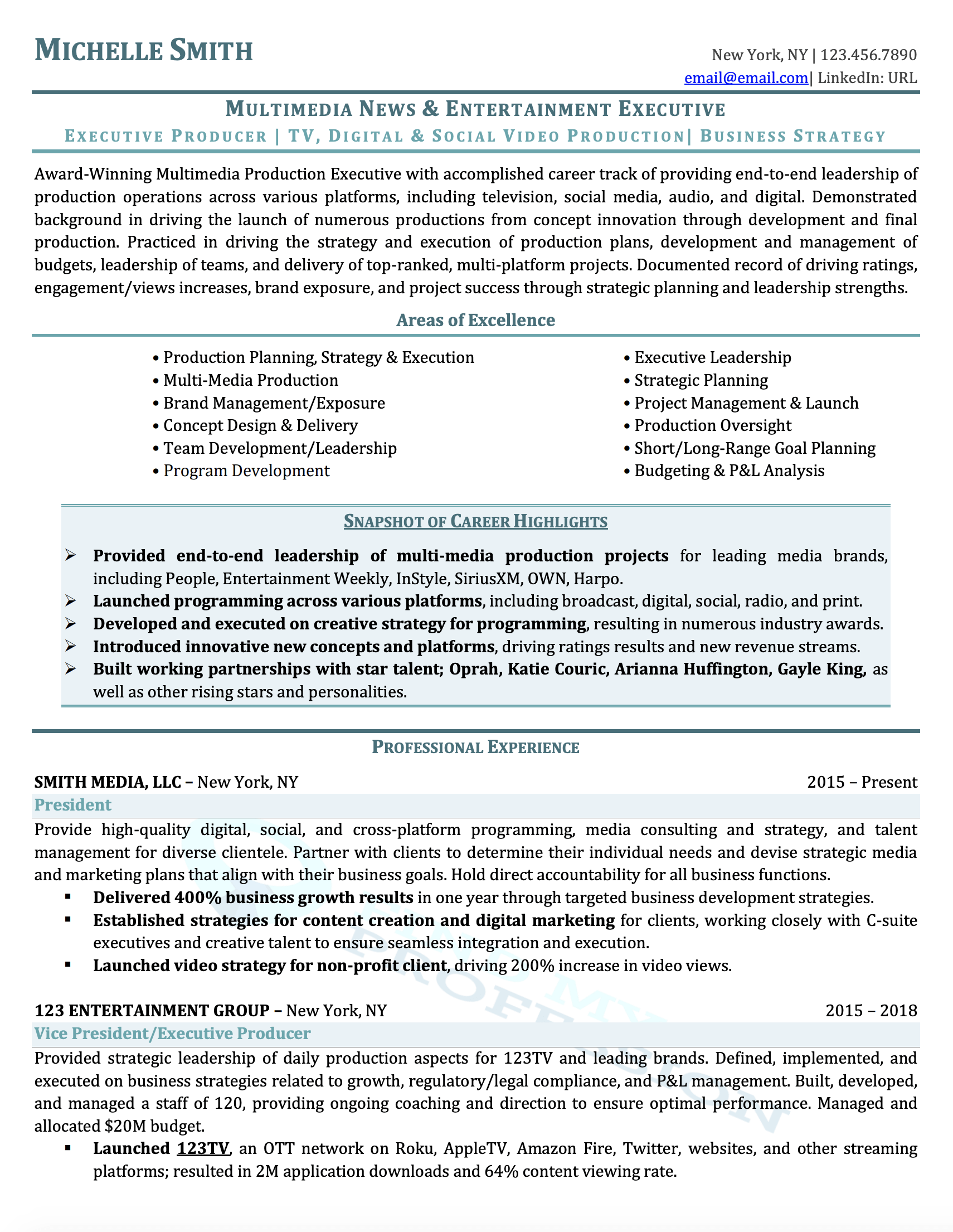 President & Executive Producer Resume Sample