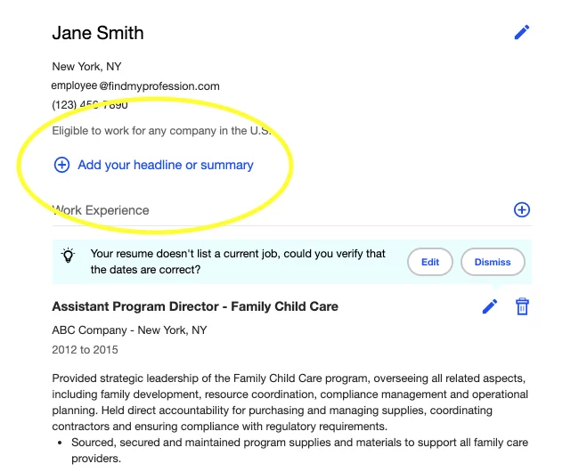 Indeed - Add resume headline or summary