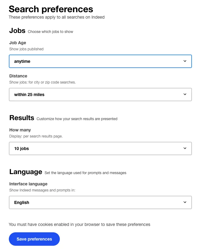 Indeed search preferences