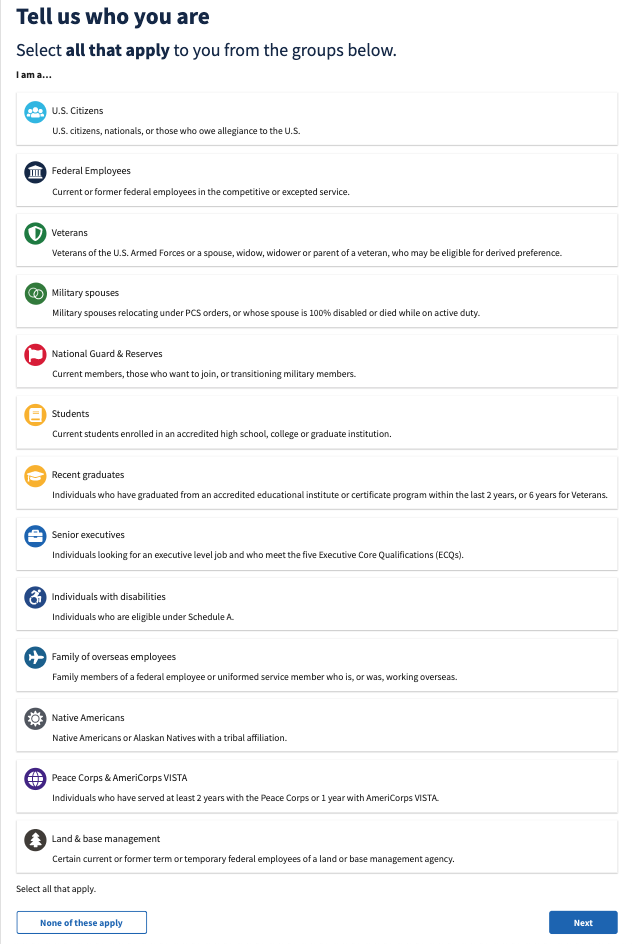 Select USAJOBS group affiliations