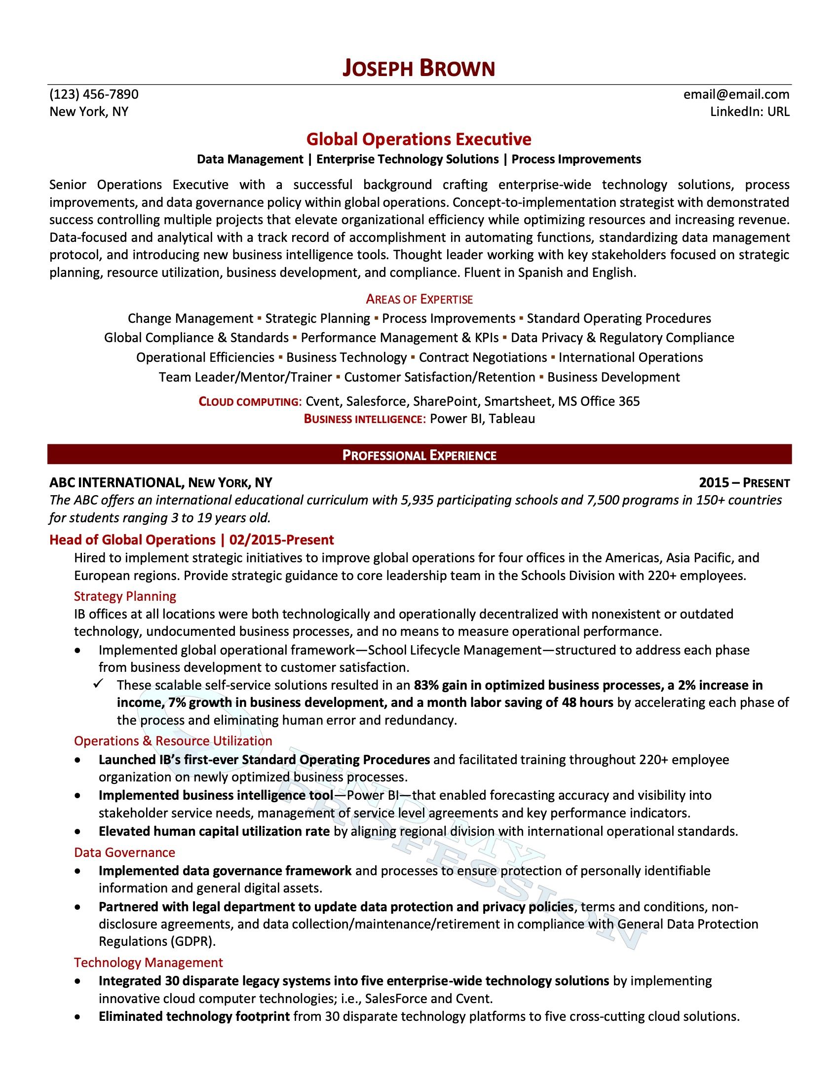 Head of Global Operations Resume Sample