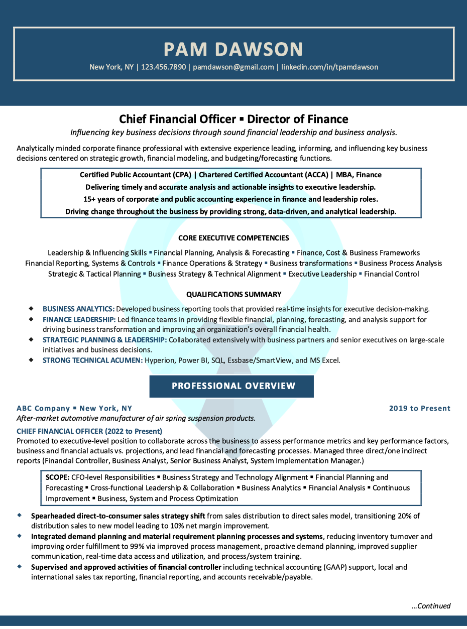 Chief Financial Officer (CFO) Resume Sample