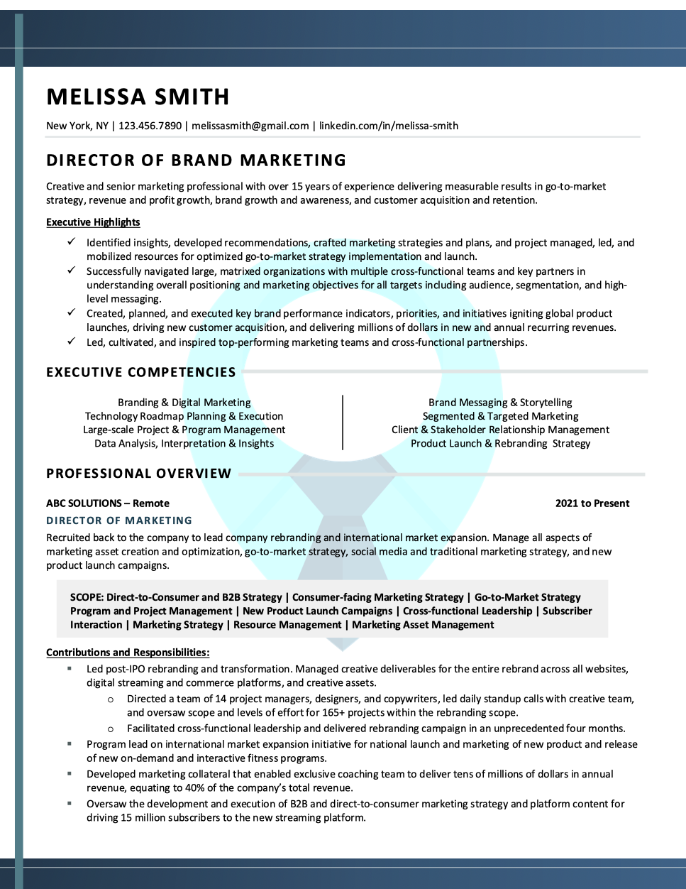 Director of Marketing Resume Sample