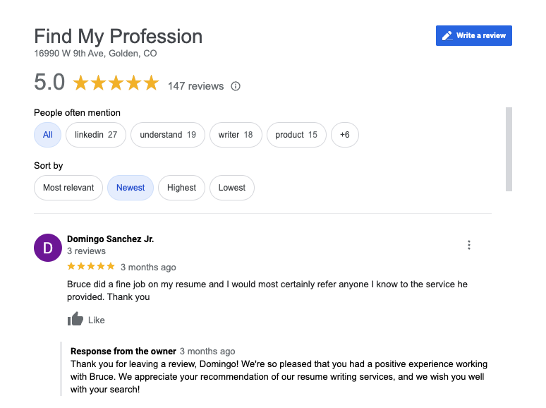 Find My Profession Google Reviews