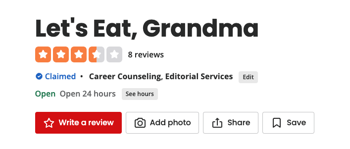 Lets Eat, Grandma Yelp Reviews