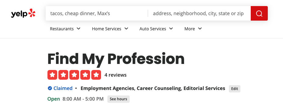 Find My Profession Yelp Reviews