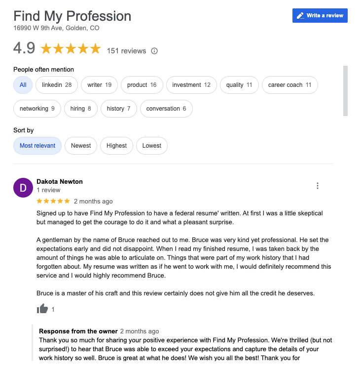 Find My Profession Google Reviews
