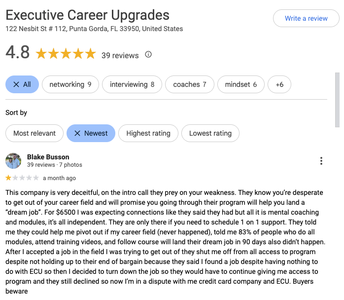 Executive Career Upgrades Google Review